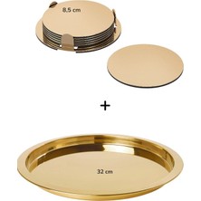 IKEA Glattıs Yuvarlak Tepsi , Pirinç Rengi, 38 cm  ve 8,5 cm Bardak Altlığı (6 Adet)