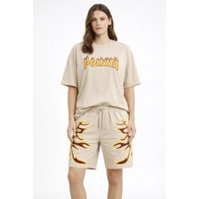 Hsc Bilişim Kadın Bej Oversize Baskılı Tişört Şort Takım Cepli Şort Yazlık Rahat Günlük Kombin - Bej