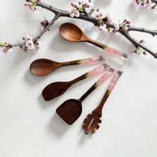 LOTUSSPOON Soft Musk Serisi Premium El Yapımı Akasya Ağacı 5 Parça Pişirme, Servis, Kaşık ve Spatula Seti