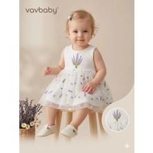 Vavbaby Kız Bebek Lavanta ve Papatya Nakışlı Tül Detaylı Elbise Beyaz