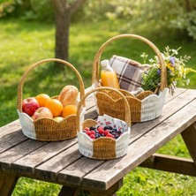 Lowell Home Ieg Iç Içe Geçebilen 3’lü Çift Renkli Yuvarlak Dalgalı Formlu Saplı Plastik Rattan Sepet