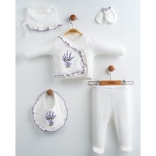 Yenidoğan Kız Bebek Hastane Çıkışı 5'li Set Lavanta Nakışlı Pamuklu Bebek Takımı