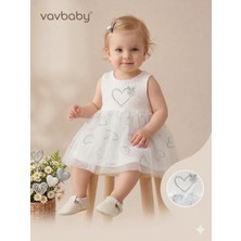 Vavbaby Kız Bebek Kalp Nakışlı Tül Detaylı Elbise Beyaz