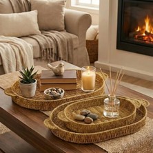 Lowell Home Ieg Iç Içe Geçebilen 3’lü Oval plastik Rattan Tepsi Seti–hasır Görünümlü Çok Amaçl