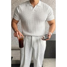 Oksit Italyan Stil V Yaka Saç Örgü Detaylı Slim Fit Triko Erkek Polo Tshirt