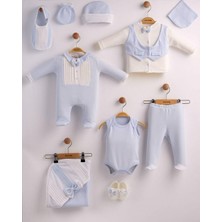 %100 Pamuk 10'lu Yenidoğan Erkek Bebek Hastane Çıkışı Seti Smokin Papyonlu Lüks Nervürlü Mavi