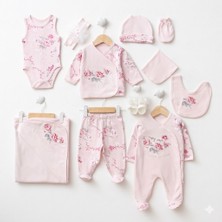 %100 Pamuk 10’lu Yenidoğan Kız Bebek Hastane Çıkışı Seti Çiçek Desenli Mevlüt Takımı Pembe