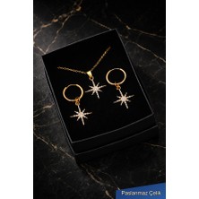 Trend Collection Gold Renk Zirkon Taşlı Yıldız Kolye ve Halka Küpe Çelik Seti