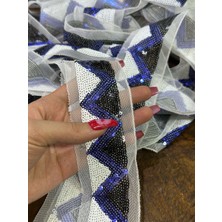 Gönülden Tasarım Pul Payetli Mavi Siyah Beyaz Desenli Şerit Dikiş Giyim Aksesuarı En 4 cm (1 Metre )