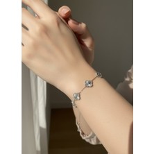 Atalya Accessory Büyük Yonca Modeli Gümüş Renk Unisex Kararmaz Çelik Bileklik-Çift Taraflı