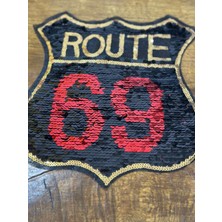 Gönülden Tasarım Kırmızı Siyah Değişen Payetli Route Yazılı Arma Dikiş Aplike 26X23 cm