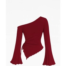 Modi Green Modig Kadın Bordo Uzun Ispanyol Kollu Asimetirik Yaka Yandan Bağlamalı Drapeli Bluz