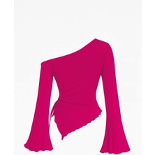 Modi Green Modig Kadın Fuşya Uzun Ispanyol Kollu Asimetirik Yaka Yandan Bağlamalı Drapeli Bluz