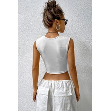 Modi Green Modig Kadın Beyaz Kare Yaka Kalınlaşan Omuz Detaylı Crop Top Bluz