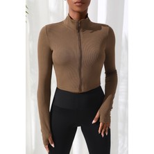 Modi Green Modig Kadın Kahverengi Uzun Kol Fermuarlı Parmak Geçme Detaylı Dik Yaka Crop Top Bluz