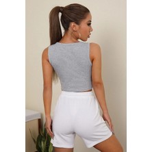 Modi Green Modig Kadın Gri Kare Yaka Crop Top Bluz