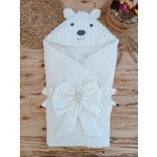 Sylar Yenidoğan Beyaz Wool Yün Kumaş Ayıcık Kulaklı Kundak Bebek Battaniyesi
