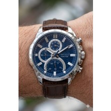 Ferrucci Spor ve Modern Kasa Erkek Kol Saati | 45 mm Çelik Kasa, Kahverengi Deri Kordon, Koyu Mavi Kadran