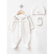 Yenidoğan Kız Bebek Hastane Çıkışı 3'lü Set Çiçek Nakışlı Pamuklu Tulum Takımı