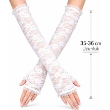 Colezium Uzun Zarif Dantel Eldiven Parmaksız Beyaz 35 cm