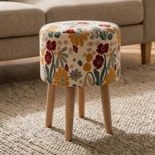 Mefaks Tekstil Yuvarlak Dijital Baskılı Ahşap Ayaklı Puf Tabure – Salon & Oturma Odası Dekoratif Puf