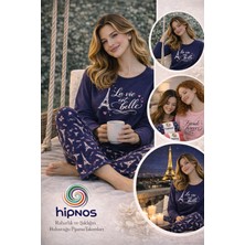 Romantik Paris Temalı Baskılı Uzun Kollu Lacivert Pijama Takımı Eiffel Desenli Alt