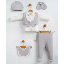 5’li Yenidoğan Erkek Bebek Hastane Çıkışı Smokin Takım Papyonlu Bebek Seti Gri