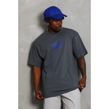 Erkek Baskılı Tişort Kısa Kol Bisiklet Yaka Ovarsize T-Shirt -  Füme