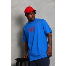 Erkek Baskılı Tişort Kısa Kol Bisiklet Yaka Ovarsize T-Shirt - Mavi