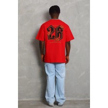 Erkek Baskılı Tişort Kısa Kol Bisiklet Yaka Ovarsize T-Shirt - Kırmızı