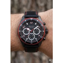 Ferrucci Siyah Yuvarlak Kasa Erkek Kol Saati | 44 mm Çelik Kasa, Siyah Deri Kordon, Siyah Kadran