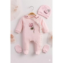 Yenidoğan Kız Bebek Hastane Çıkışı 3'lü Set Ortanca Çiçek Nakışlı Pamuklu Tulum Takımı