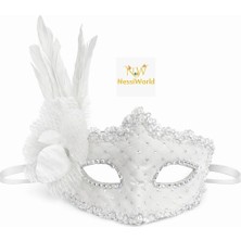 MegaSepet Mey Ithalat® Beyaz Tüylü Venedik Lüks Balo Maskesi