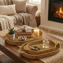 Flamex Iç Içe Geçebilen 3’lü Oval plastik Rattan Tepsi Seti–hasır Görünümlü Çok Amaçlı S