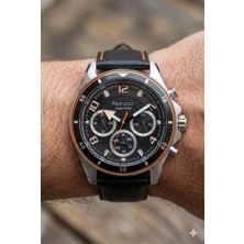 Ferrucci Gümüş Yuvarlak Kasa Erkek Kol Saati | 43 mm Çelik Kasa, Siyah Deri Kordon, Siyah Kadran