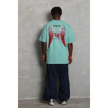 Erkek Baskılı Tişort Kısa Kol Bisiklet Yaka Ovarsize T-Shirt -  Mint Yeşili