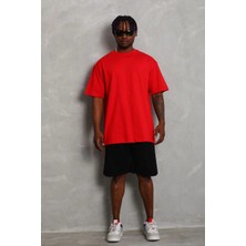 Erkek Düz Yazlık Kısa Kol Tişort Bisiklet Yaka Ovarsize T-Shirt -  Kırmızı