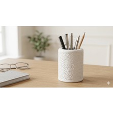 Talaşoğlu Desenli Kalemlik - Beyaz Masaüstü Organizer - Minimalist Ofis Düzenleyici