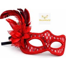 MegaSepet Mey Ithalat® Kırmızı Tüylü Balo Maskesi Kadın Parti Aksesuarı
