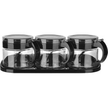 Buradabuldun® Siyah 3lü Standlı Kapaklı Kaşıklı Cam Hava Sızdırmaz Baharatlık Takımı KC-386