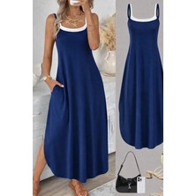 Balmior Kadın Ip Askılı Yuvarlak Yakalı Cepli Uzun Viskon Elbise