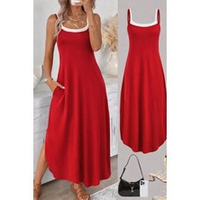 Kendim Fashion Kadın Ip Askılı Yuvarlak Yakalı Cepli Uzun Viskon Elbise