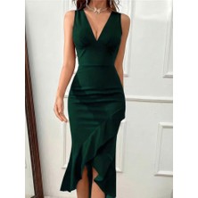 Nidam Butik Kadın Askılı V Yakalı Önden Fırfırlı Uzun Ithal Krep Elbise