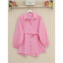 Modamorfo Çapraz Bağlamalı Kolu Lastikli Düğmeli Gömlek  -Pembe