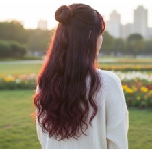 Decostyle Fiber Sen Dalgalı Yarım Ay + 2 Yan Çıt Çıt / Koyu Kızıl