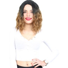 Decostyle Fiber Sen Kısa Dalgalı Perçemsiz Peruk / Siyah / Karamel Ombreli