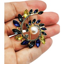 BB Bi Butik Shop Samanyolu Işıltısı: Inci Detaylı Lacivert ve Safir Kristal Sarmal Broş