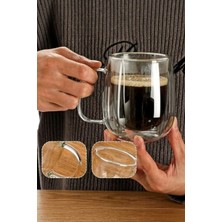 Çift Camlı Çift Cidarlı Cam Kupa 350ml Ev Ofis Fincanı Çift Katlı Isı Yalıtımlı Kulplu Bardak 2Lİ