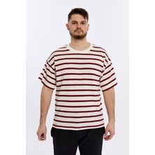 Defy's Erkek Bisiklet Yaka Kısa Kollu Oversize Kalıp Dokulu Çizgili Günlük Tişört