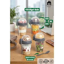 Muf Home Qlux Ideas 4'lü Set Çift Bölmeli Diyet, Salata ve Yoğurt Kabı - Kendinden Çatallı Kaşıklı, Bpa Free (600+200 Ml)